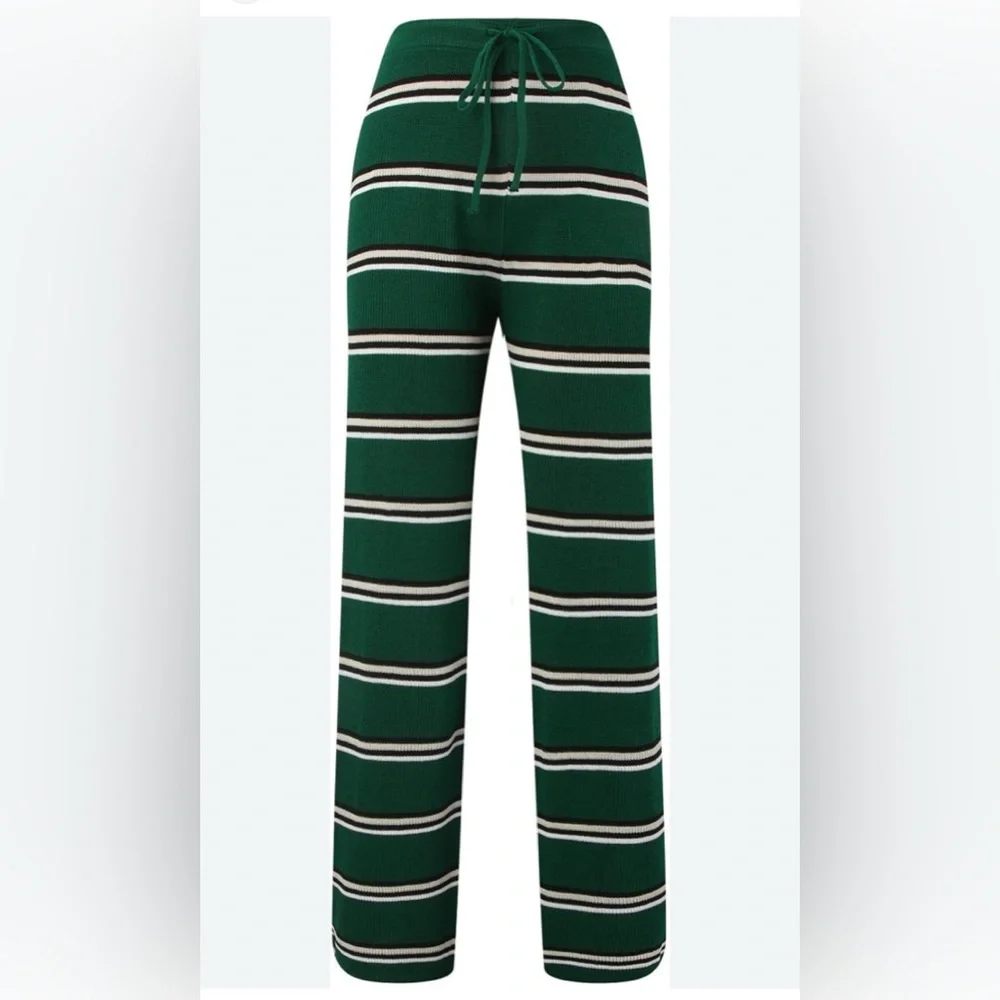 Striped Green Women's Comfort Lounge Wide Leg Pants - Picture 2 of 6
